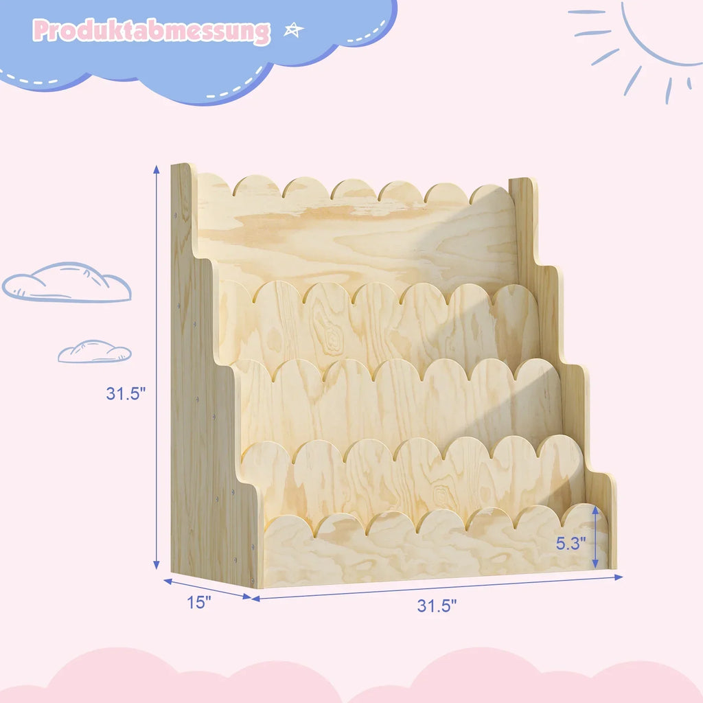 2026 NewMontessori Wood Kids Bookshelf - Scalloped 4-Tier Front-Facing Book Display, Nursery Organizer for Toddler/Baby Books & Toys, Gender-Neutral Classroom Playroom Storage