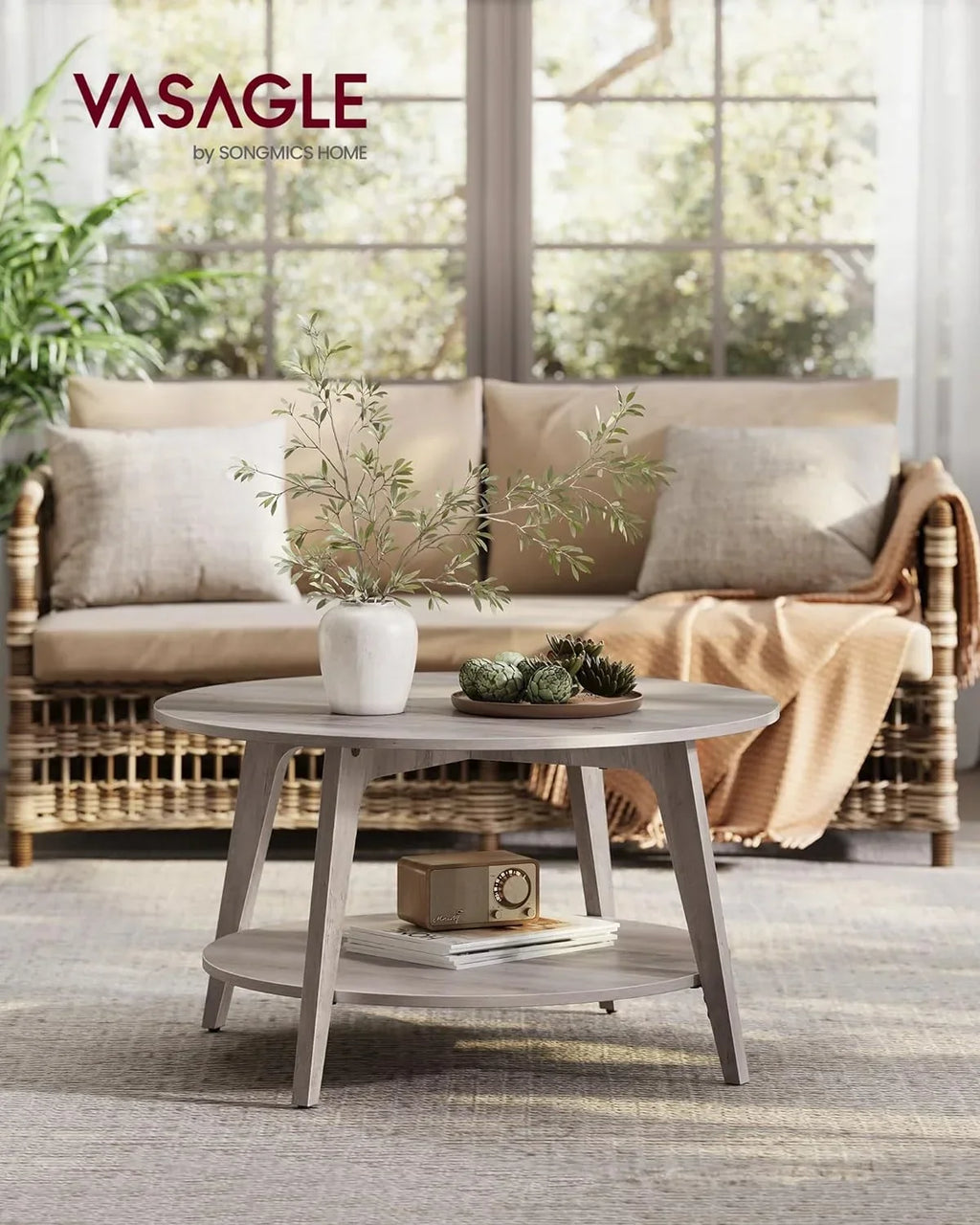2026 NewVASAGLE Round Coffee Table, 2 Tier Coffee Table with Storage, for Living Room, 31.5 x 17.7 Inches, Easy to Assemble, Honey Brown