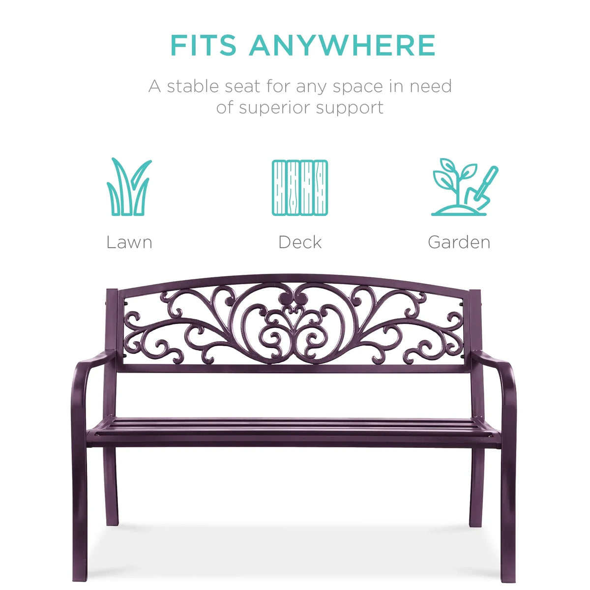 2026 NewBest Choice Products Outdoor Steel Bench Garden Patio Porch Furniture w/ Floral Design Backrest - Black