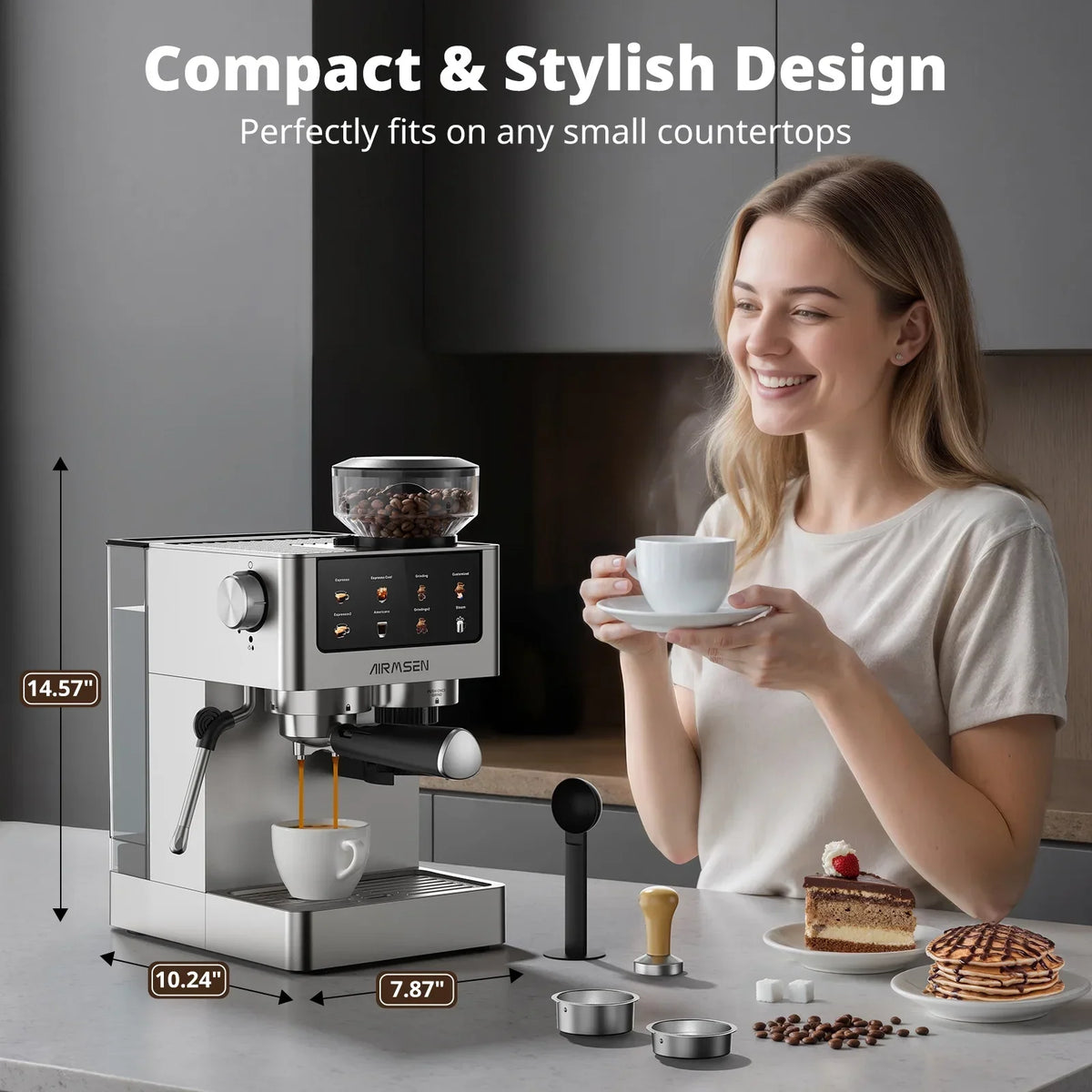 2026 NewAIRMSEN Espresso Machine with Grinder, Espresso Coffee Machine with Customized Grind Amount & Coffee Volume, Cold Brew Coffee Maker for Cappuccino Latte Americano, Brushed Stainless Steel