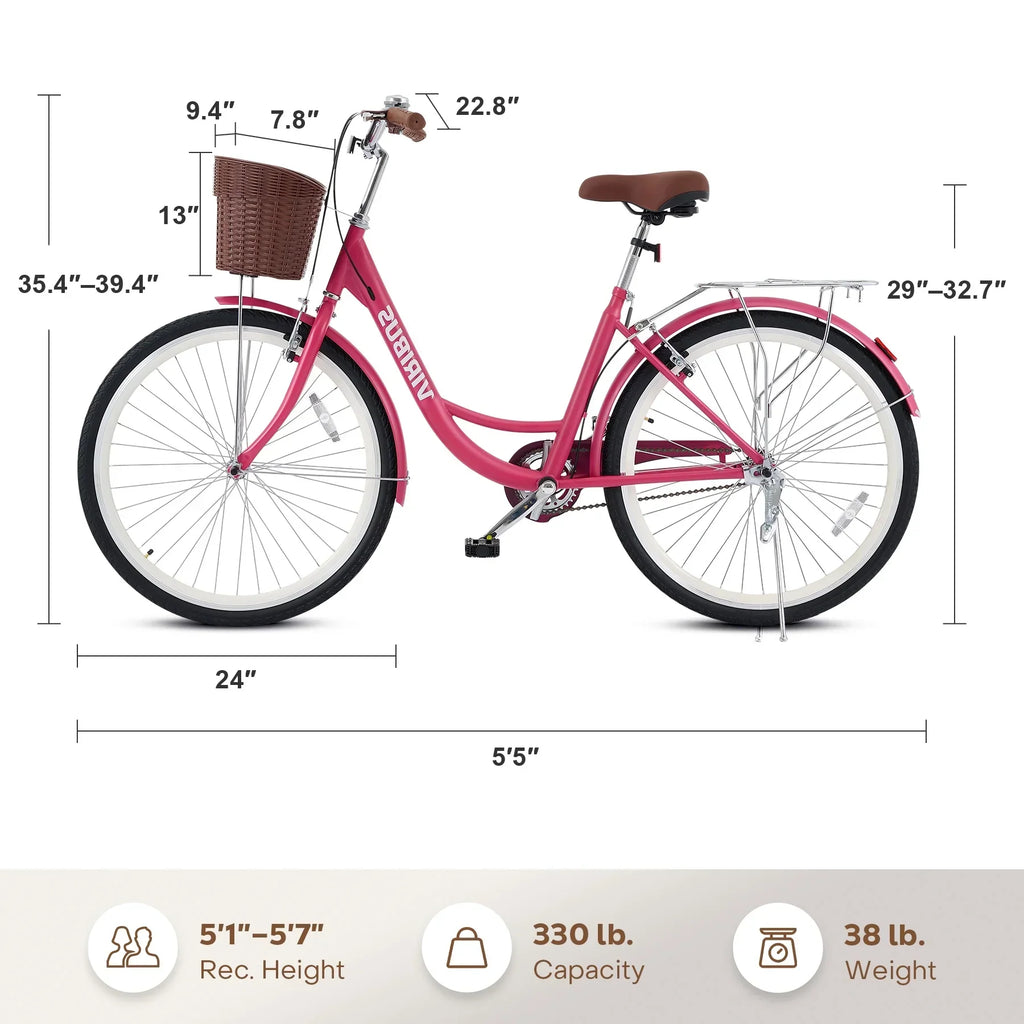 2026 NewViribus Women's Comfort Bike 24 inch Beach & City Cruiser Bicycle with Basket Rack White