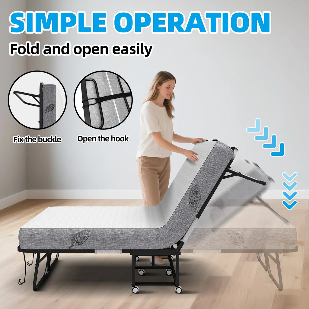2026 NewFolding Bed with Mattress 75" x 31" Cot Size Folded Bed, Rollaway Guest Bed Portable Foldable Extra Bed for Adults Daybed with 5" Memory Foam Mattress Space-Saving Sturdy Metal Grid Frame