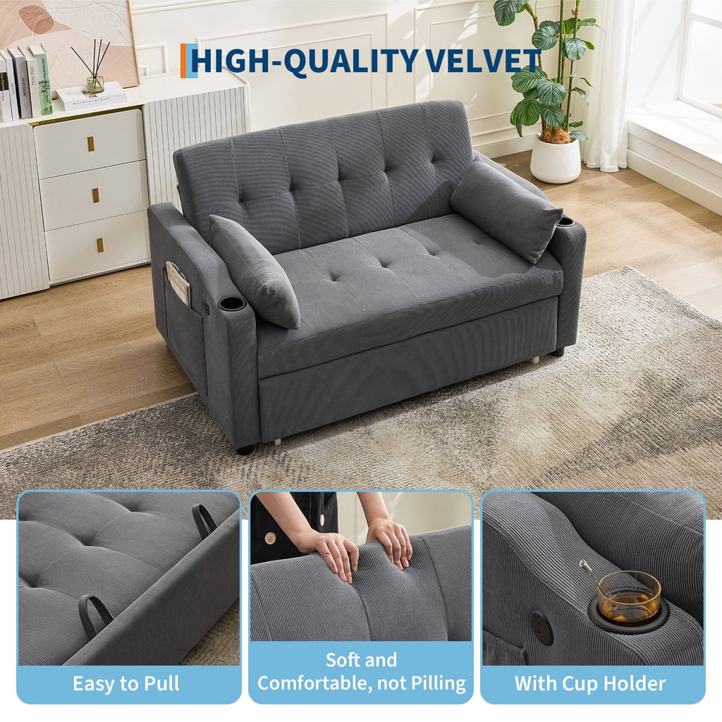 2026 New3 in 1 Convertible Sleeper Sofa Bed, Corduroy Futon Couches with Pull-Out Bed, Adjustable Backrest, Charging Port & Side Pockets, Modern Upholstered Sofa for Living Room, Guest Room