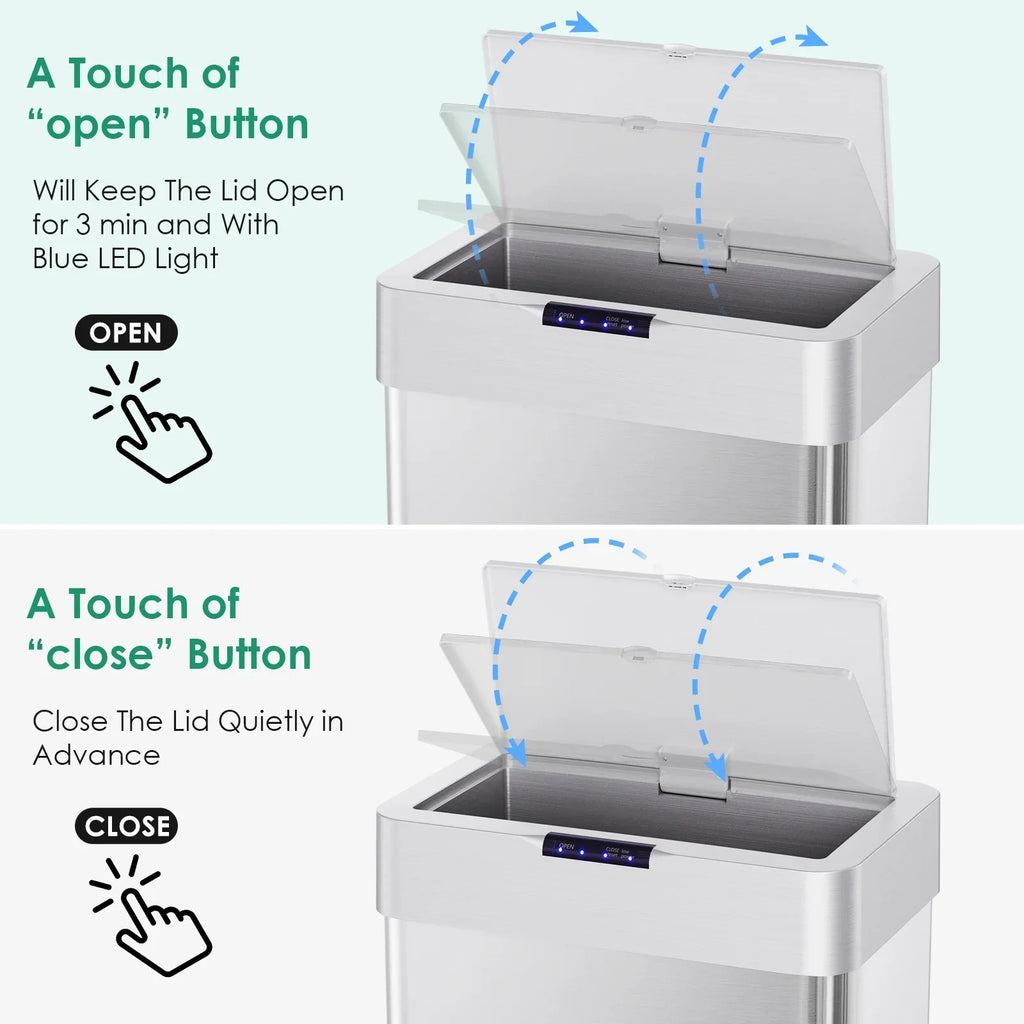 2026 NewLAZY BUDDY 60 Liter / 16 Gallon Stainless Steel Motion Sensor Trash Can for Kitchen, Bathroom, Rectangular