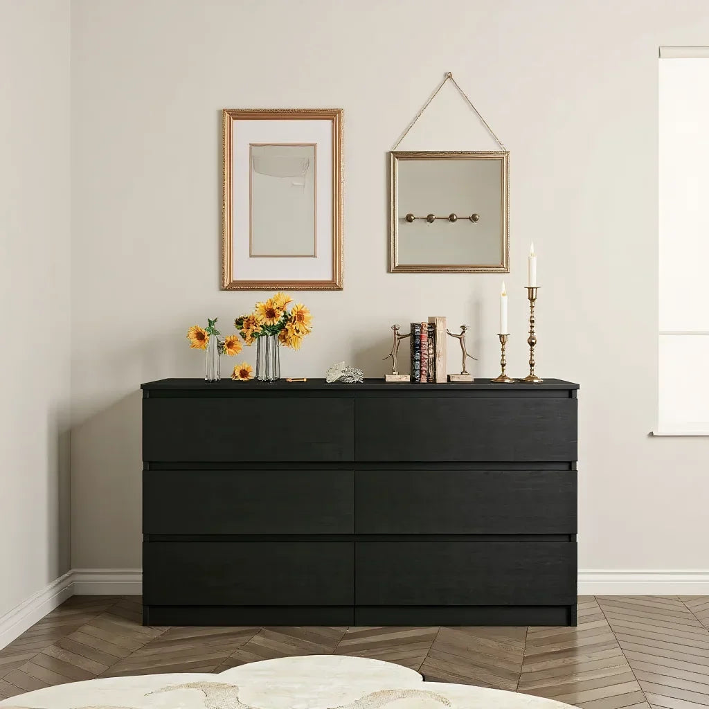 2026 NewKadyn Modern 6 Drawer Dresser Wood Cabinet,Dresser for Bedroom, Kitchen Storage Cabinet with Drawers, Chest of Drawers(Black)