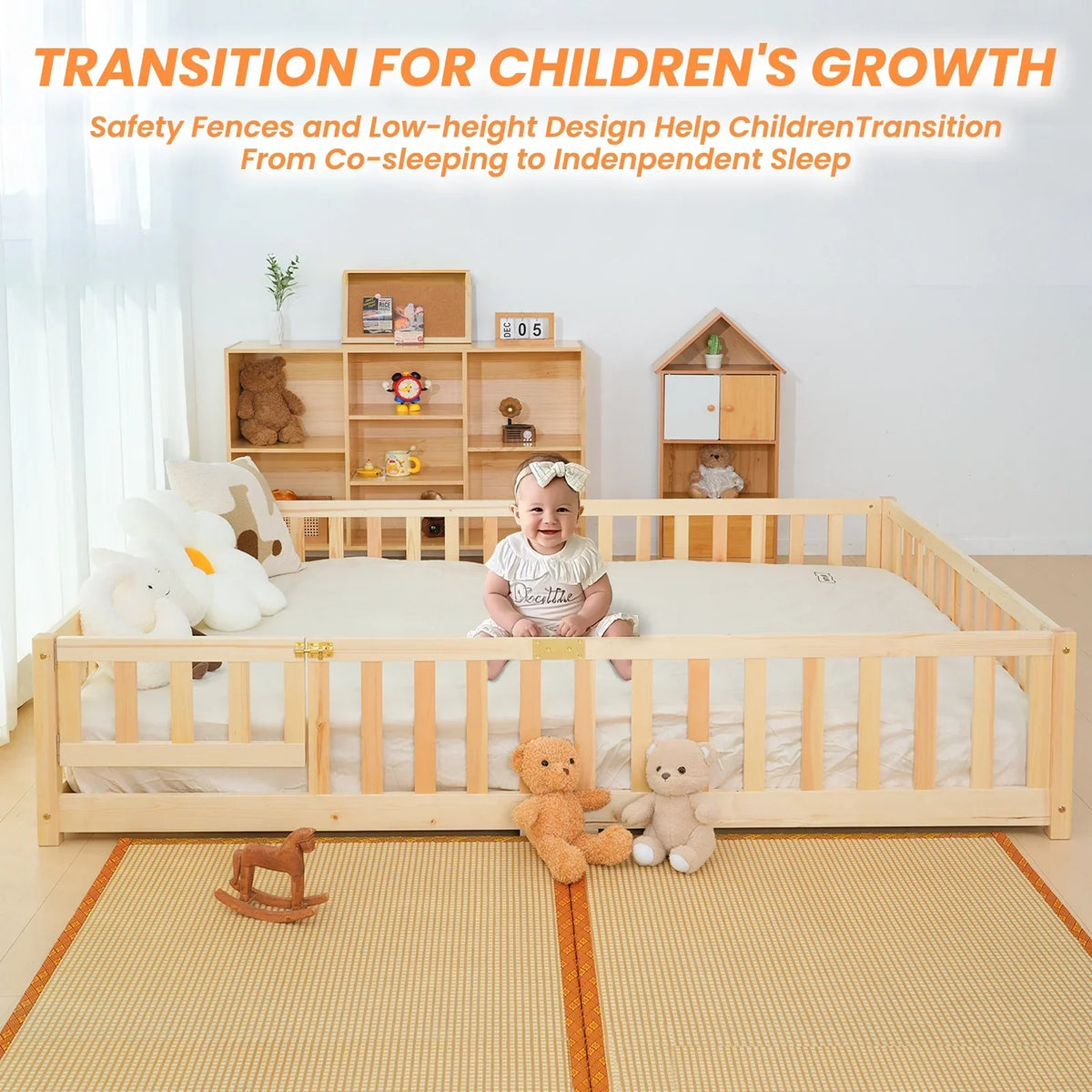 2026 NewSlsy Twin Size Toddler Floor Bed, Solid Wood Montessori Bed Frame with Fence & Door Montessori Floor Bed Crib with Safety Guardrails for Girls and Boys