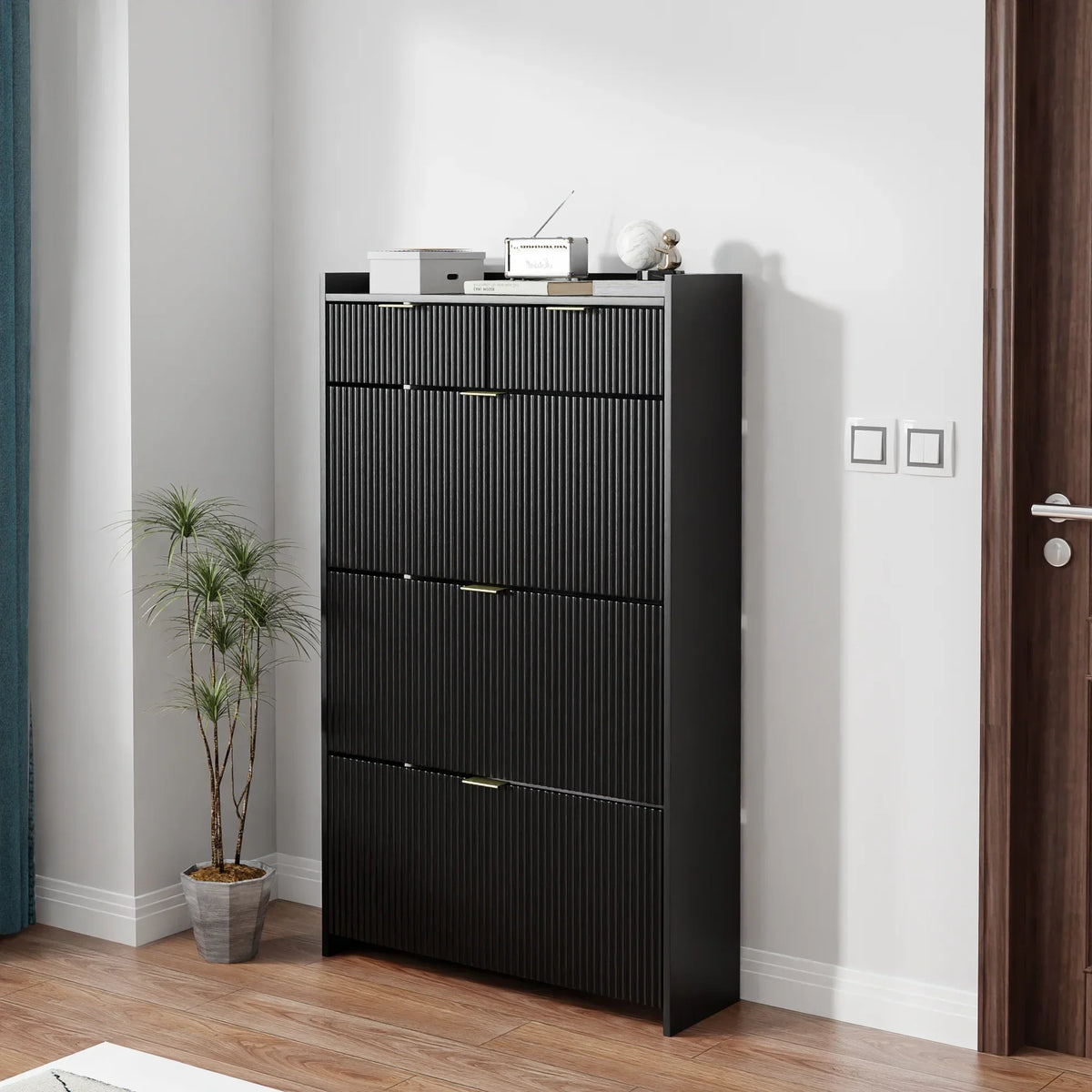 2026 NewShoe Cabinet, Free Standing Tipping Bucket Shoe Rack Organizer with 3 Flip Drawers, Modern Entryway Narrow Shoe Rack with 2 Drawers & Top Storage, for Hallway Bedroom, Walnut