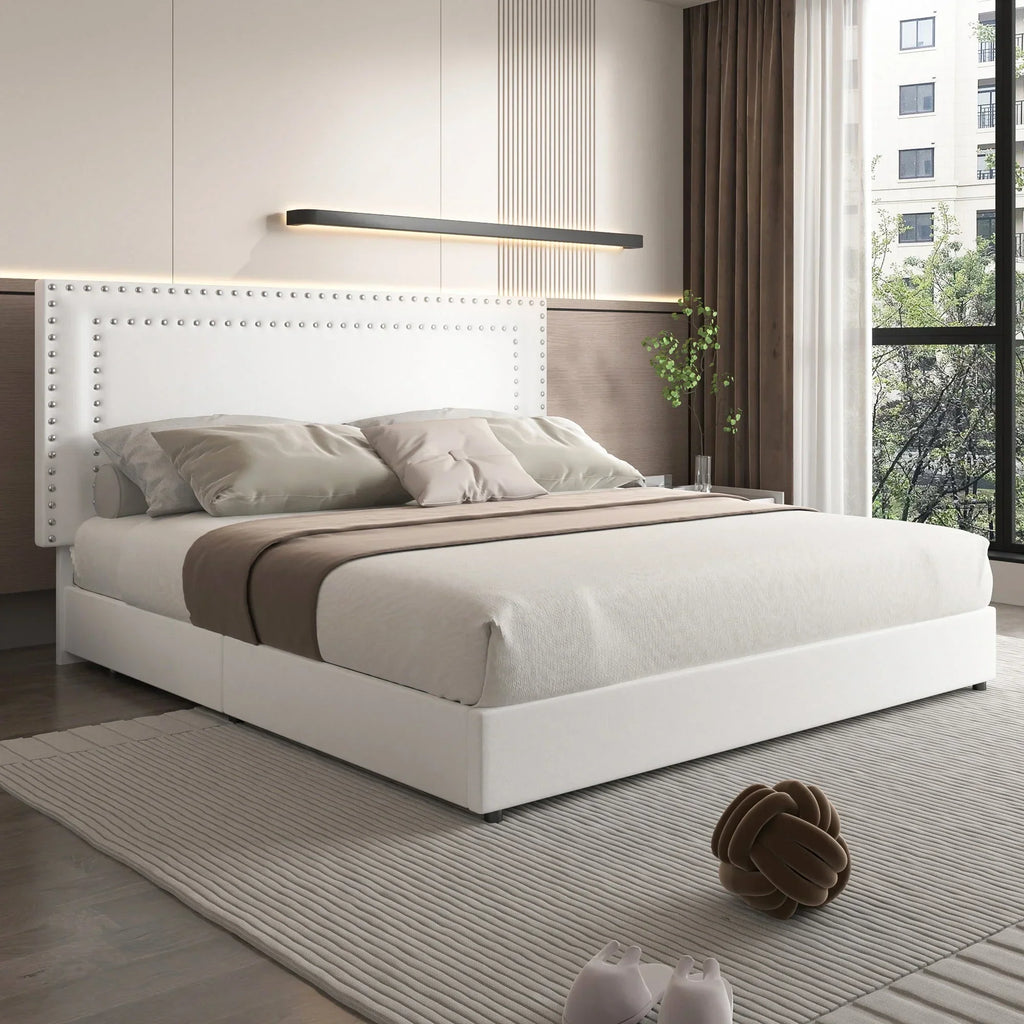 2026 NewVECELO Full Bed Frame with 4 Storage Drawers (Wheeled) and Tufted Upholstered Adjustable Headboard Platform Bed, Beige