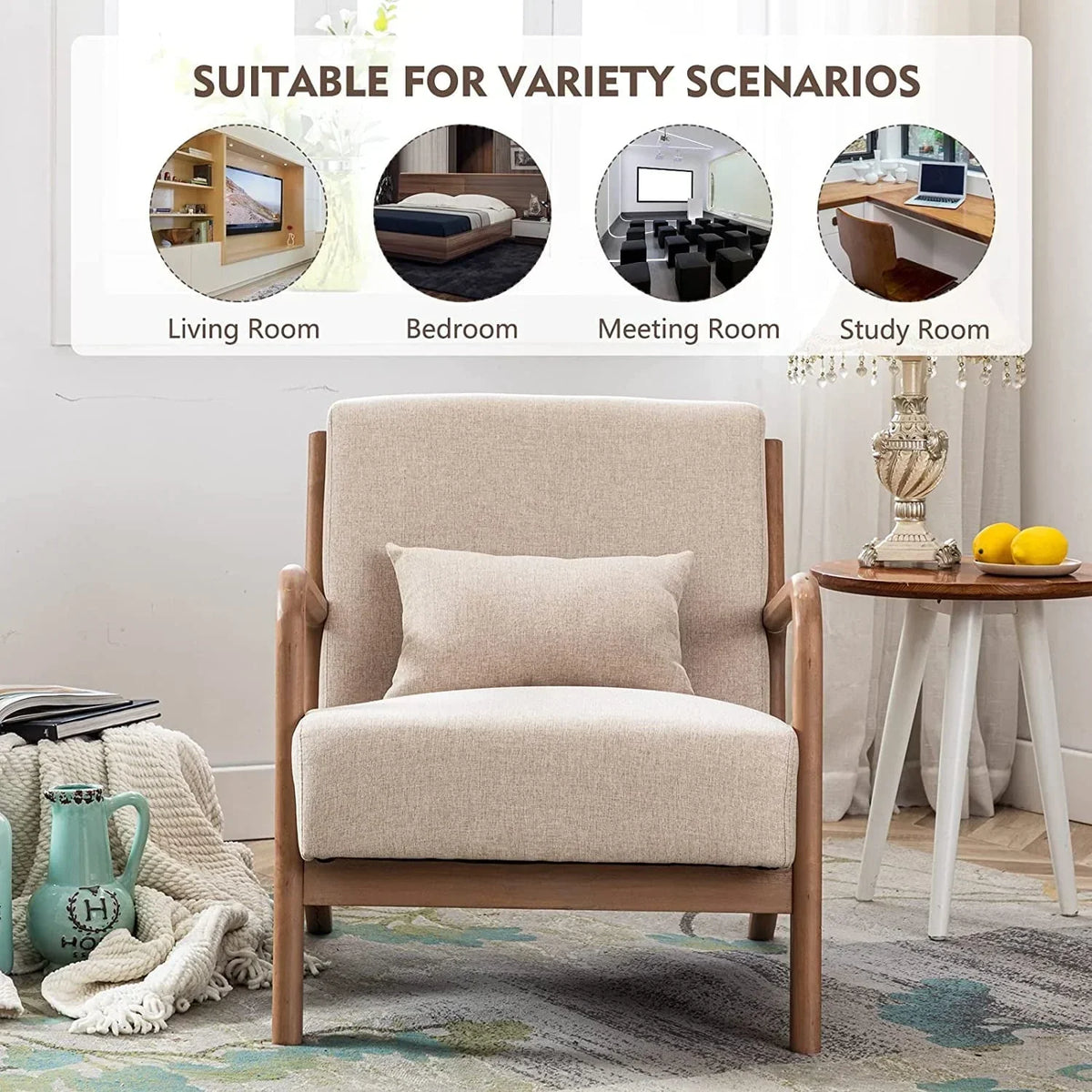 2026 NewBonzy Home Mid Century Modern Accent Chair, Single Fabric Lounge Reading Armchair with Solid Wood Frame, Easy Assembly Arm Chairs for Living Room, Beige
