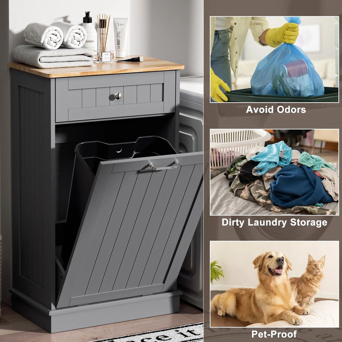 2026 NewHARIPUL Single Tilt Out Trash Cabinet for 13 Gallon Waste Bin, Free Standing Kitchen Trash Can Cabinet with Drawers, White