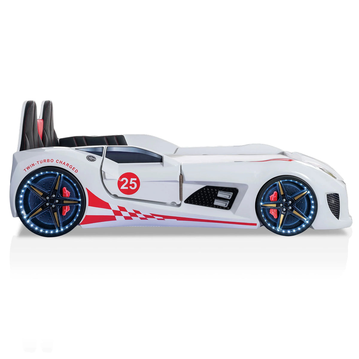 2026 NewFurniture of America Dash Kids Plastic Twin Race Car Bed with LED and Sound, White