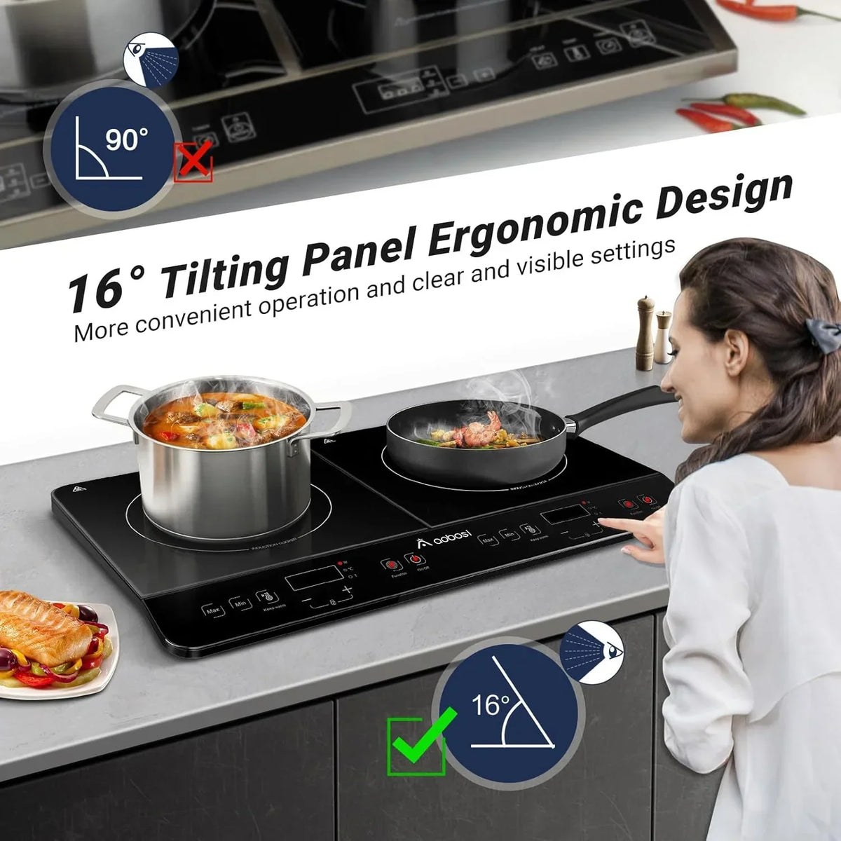 2026 NewAobosi Double Induction Cooktop with 2 Burners, 1800W Electric Stove Cooktop with Sensor Touch, 10 Temperature 9 Power Settings