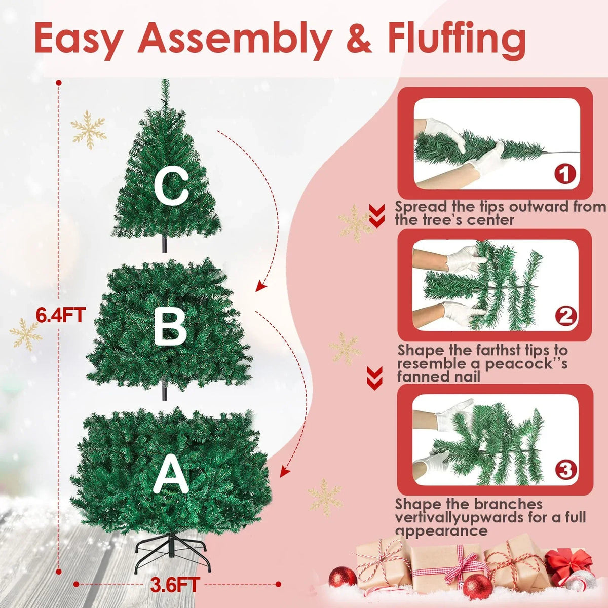 2026 NewVebreda 6FT Pre-Lit Artificial Christmas Tree with 300 Warm White LED Lights, Hinged Branch Design, Eco-Friendly PVC Needles & Foldable Metal Stand for Home, Office & Holiday D"cor