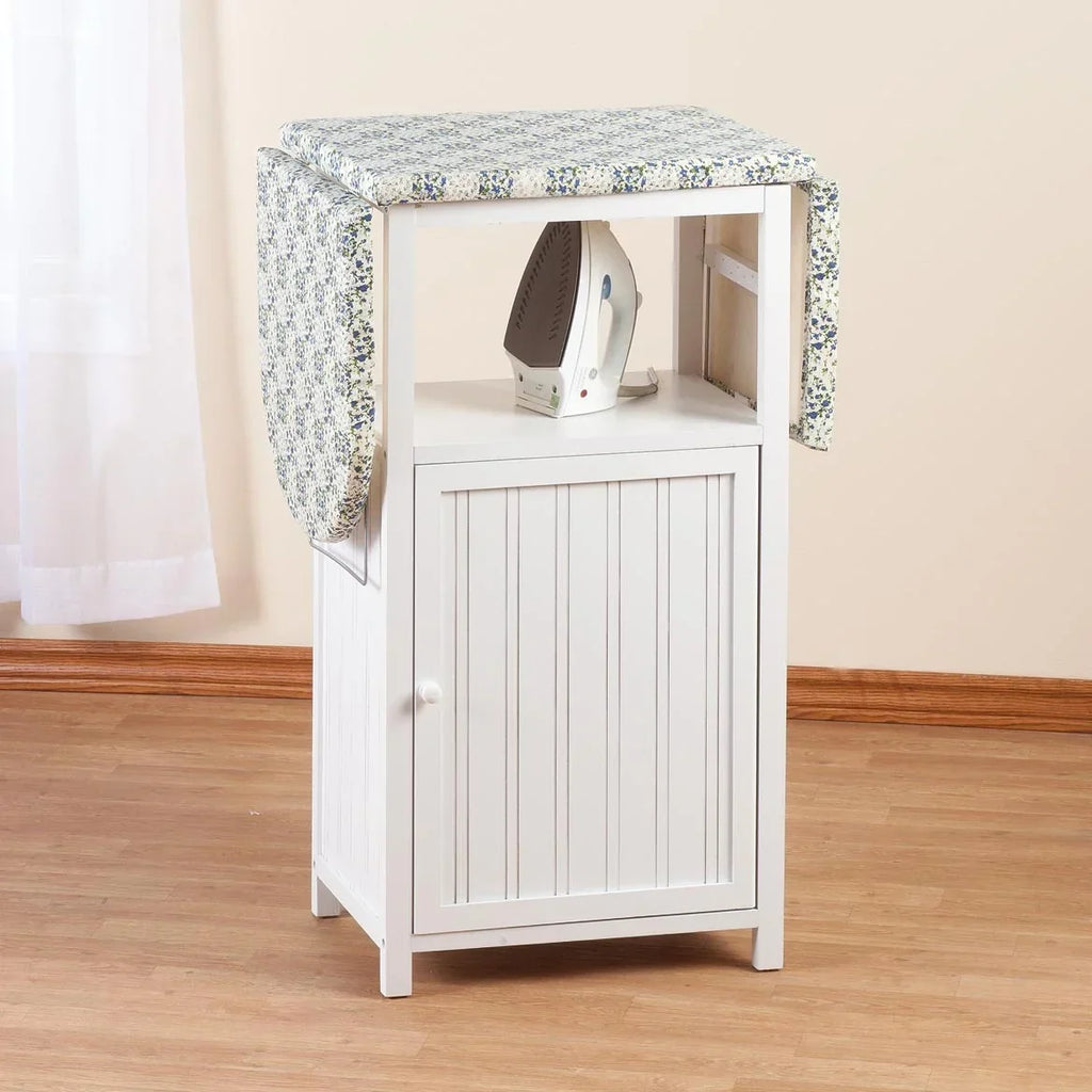 2026 NewOakRidge Deluxe Ironing Board with Storage Cabinet, Perfect for Small Spaces with Extra Storage, Folding Station, Crafted with 100% Durable Wood, White Design �C Measures 36.5" H x 15.5" W x 23" L