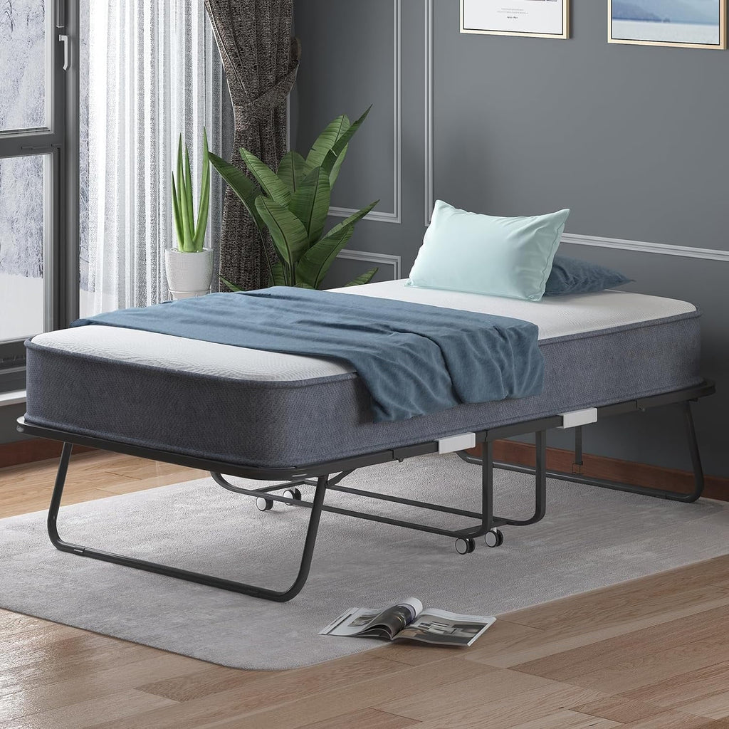 2026 NewPuremind Folding Bed with 4 Inch Foam Mattress, 75" x 31" Rollaway Bed for Adults, Portable Bed with Lockable Wheels, Easy Assembly & Moving, Standard