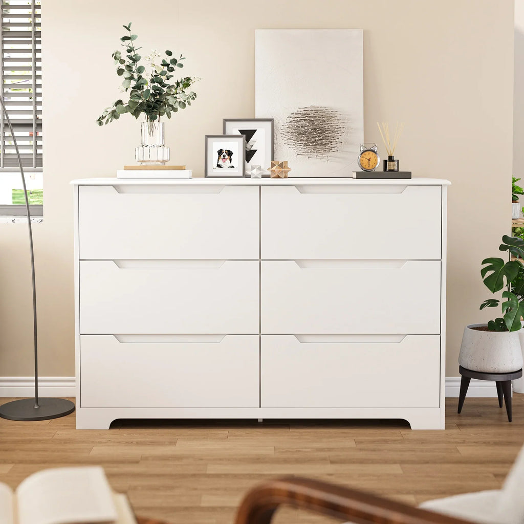 2026 NewDresser for Bedroom, Lofka 6 Drawer Double Dresser with Cutout Handles, Large Storage Capacity, Anti-Tip Safety, Modern Wood Chest of Drawers, Smooth Metal Rail, White