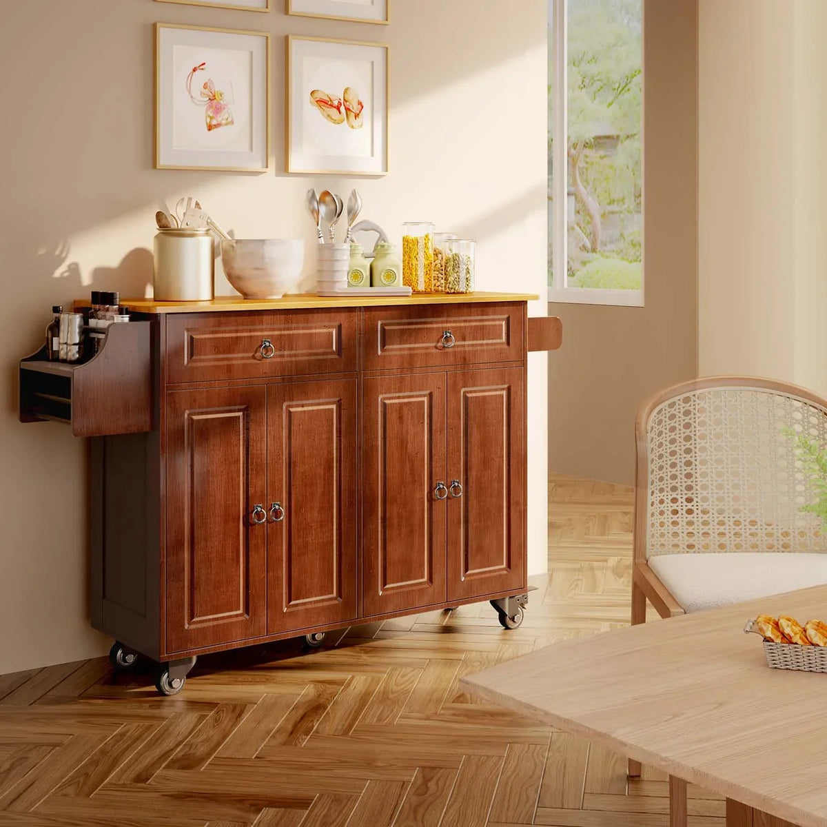 2026 NewLofka 52-Inch Kitchen Island with Storage on Wheels with Wood Drop Leaf, Ideal for Small Kitchens