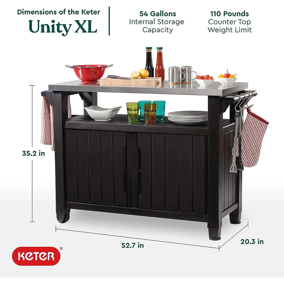 2026 NewKeter Unity XL Outdoor Kitchen Bar Rolling Cart with Storage Cabinet, Brown