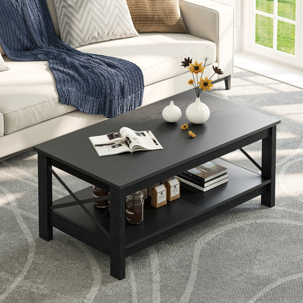 2026 NewMoasis Farmhouse Coffee Table with Storage 2-Tier Center Table for Living Room Grey Wash Top+White