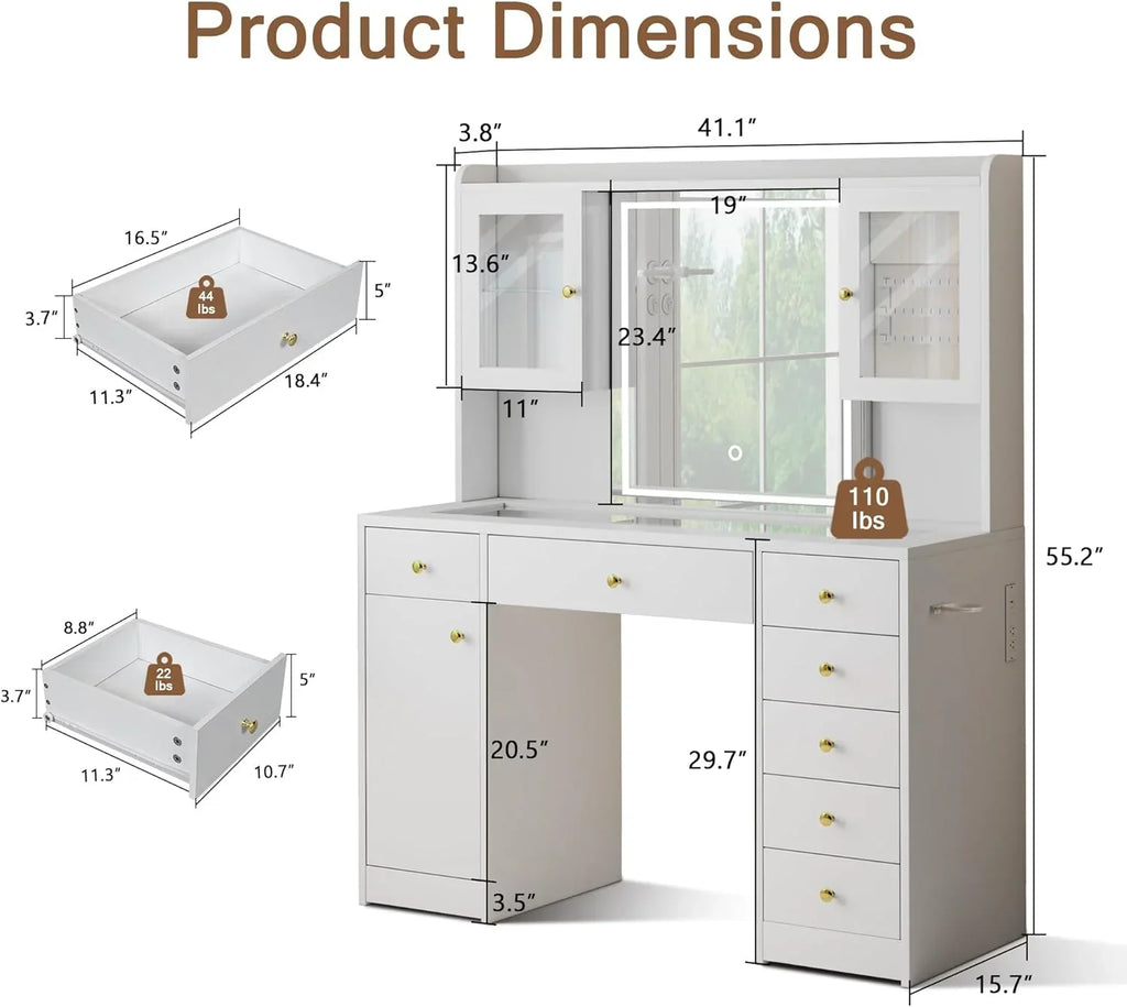 2026 NewiPormis Vanity Desk with Mirror and Lights, Glass Top Makeup Vanity with RGB Light and Charging Station for Girls, White
