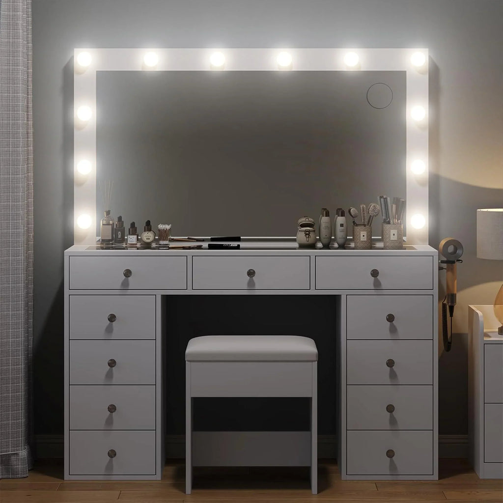 2026 NewWhite Vanity Desk with Illuminated Mirror & Power Outlet, 11 Drawers Vanity Table with Chair, Makeup Vanity with 12 LED Lights, Tempered Glass Top, Dressing Table for Bedroom,Dressing Room