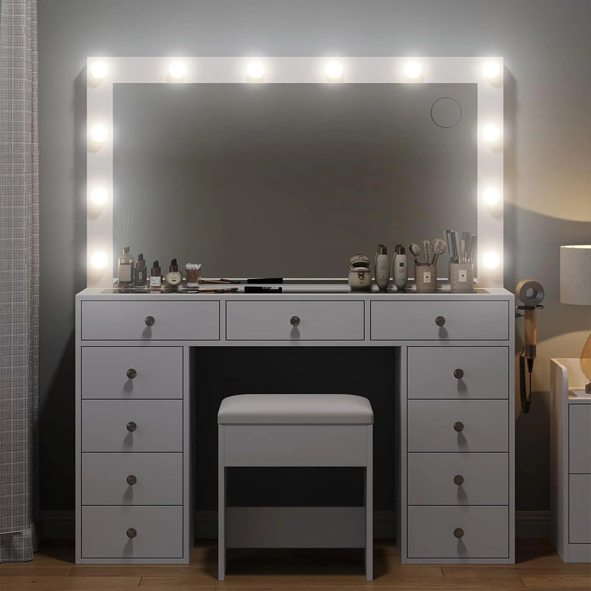 2026 NewWhite Vanity Desk with Illuminated Mirror & Power Outlet, 11 Drawers Vanity Table with Chair, Makeup Vanity with 12 LED Lights, Tempered Glass Top, Dressing Table for Bedroom,Dressing Room