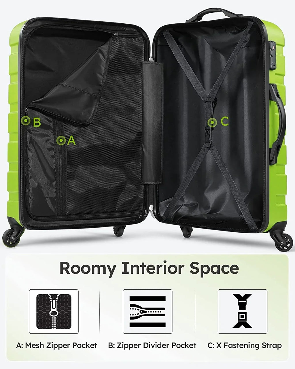 2026 NewLuggage 3 Piece Sets Hard Shell Suitcase Set with Spinner Wheels20" 24" 28", Green