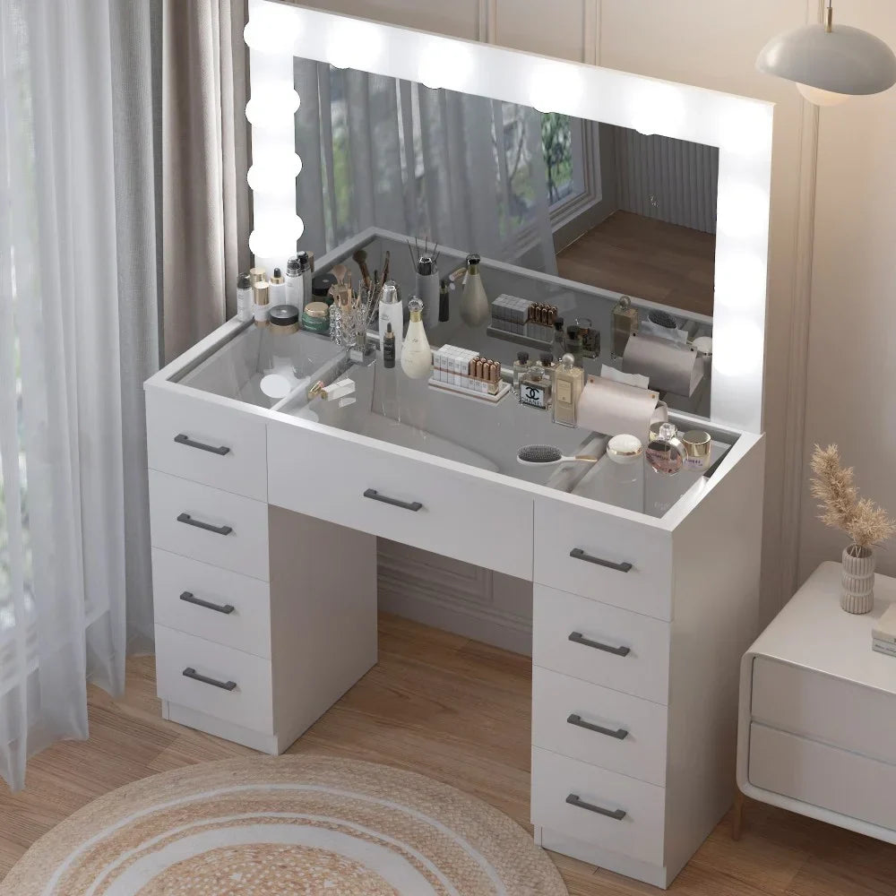 2026 NewKtaxon Large Makeup Vanity, Vanity Table Set w/ Visible Glass Top w/ Charging Station, White