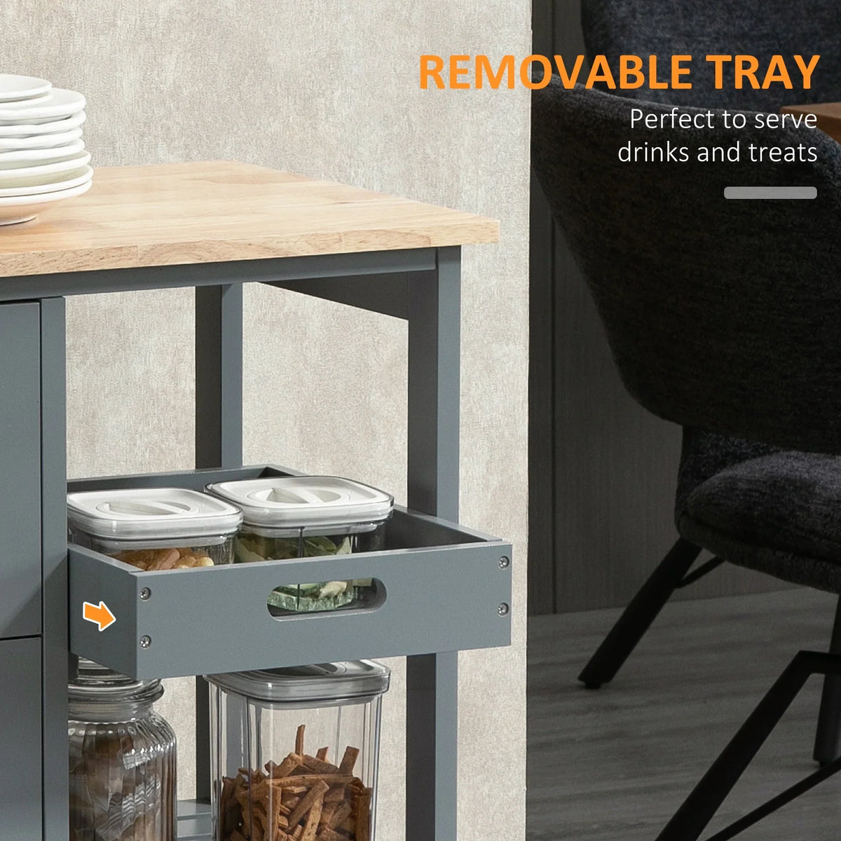 2026 NewHOMCOM Rolling Kitchen Island Cart, Bar Serving Cart, Compact Trolley on Wheels with Wood Top, Shelves & Drawers for Home Dining Area, Grey