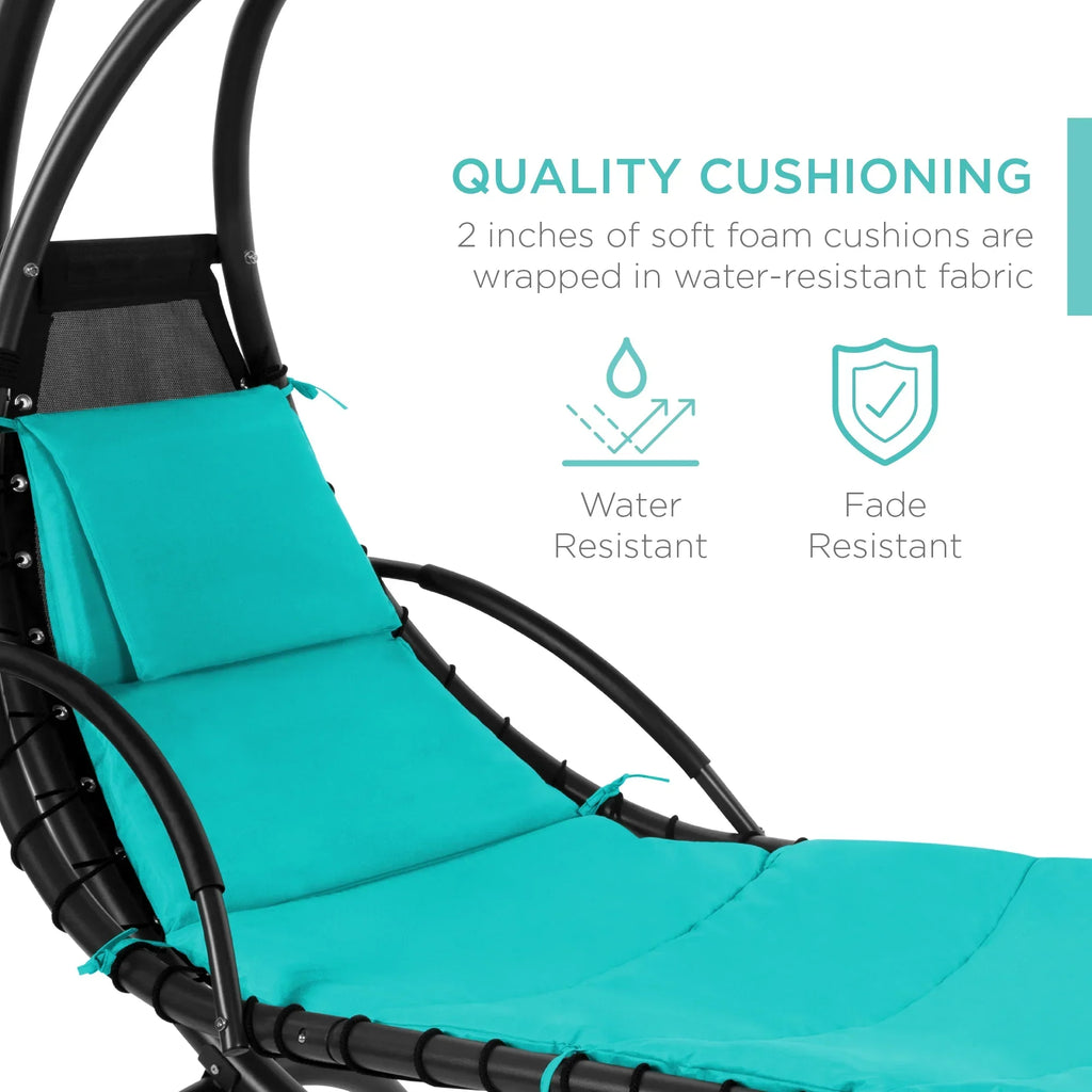 2026 NewBest Choice Products Hanging Curved Chaise Lounge Chair Swing for Backyard, Patio w/ Pillow, Shade, Stand - Teal