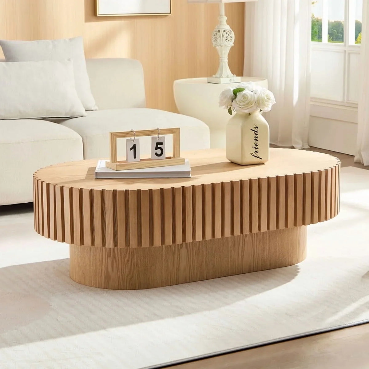 2026 NewFFH 43.7 inch Oval Coffee Table for Living Room,Handcraft Rustic Corner Coffee Table Nature Wood Relief Sturdy Pedestal for Apartmen,Side Table Centre Table,Nature Wood