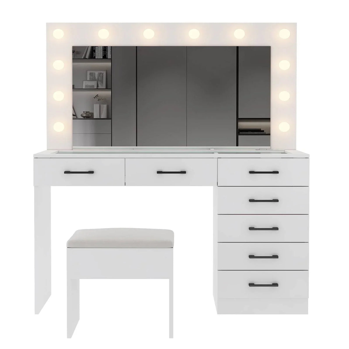 2026 NewKtaxon Large Makeup Vanity, Vanity Table Set w/ Visible Glass Top w/ Charging Station, White