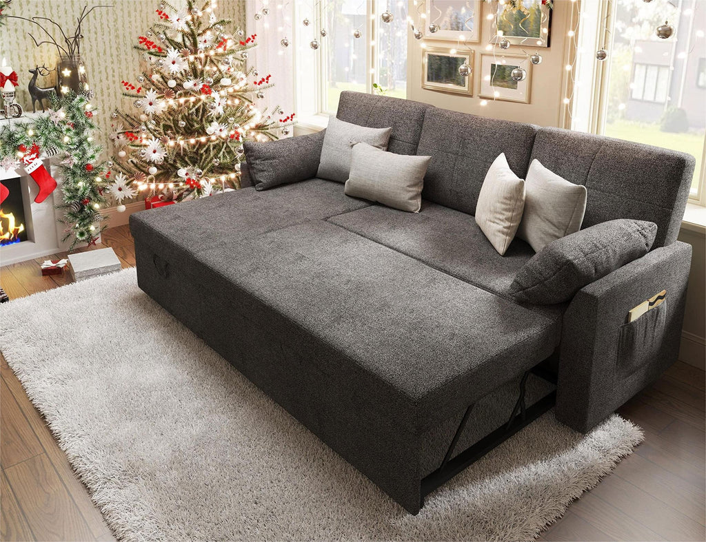 2026 NewVANACC Sofa Bed, Adult Sleeper Sofa with Storage Chaise, Pull Out Couch for Bed Room, Gray Chenille