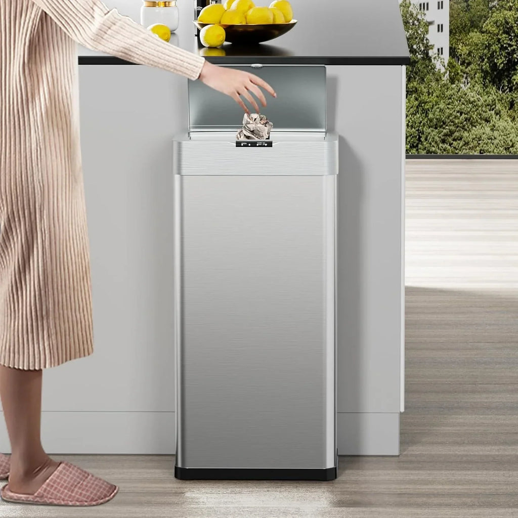 2026 NewLAZY BUDDY 60 Liter / 16 Gallon Stainless Steel Motion Sensor Trash Can for Kitchen, Bathroom, Rectangular