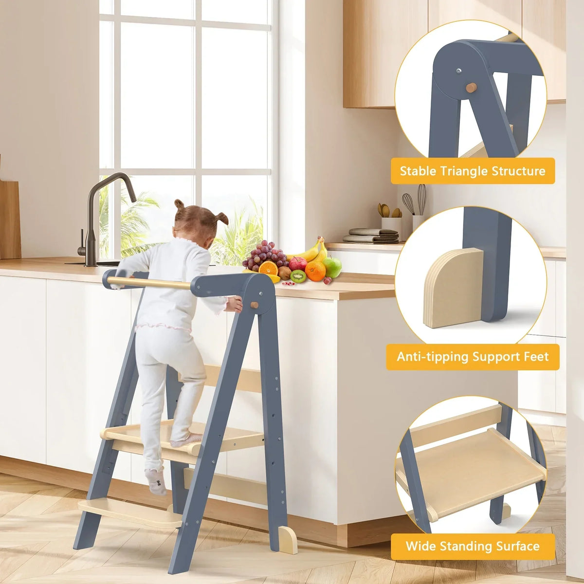 2026 NewJOZ Kitchen Toddlers Step Stool, Montessori Kids Learning Stool, Foldable Toddler Tower for Counter, Standing Helper for Children, 3 Adjustable Heights, Wooden, White