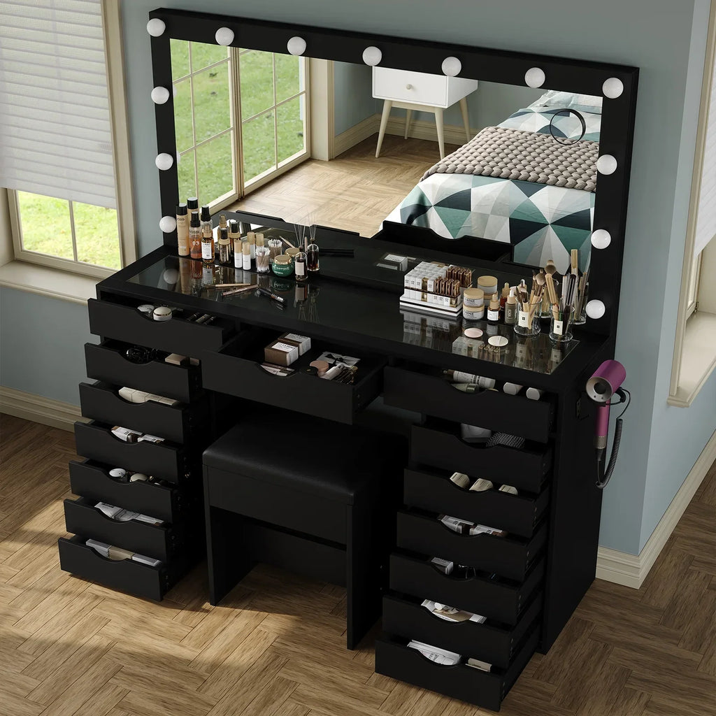 2026 NewYanosaku 15 Drawers Vanity Desk with Power Outlet, Makeup Table with Mirror and 13 LED Lights, 3 Color Lighting Modes, Brightness Adjustable, Glass Top Dressing Table, Vanity Set for Bedroom