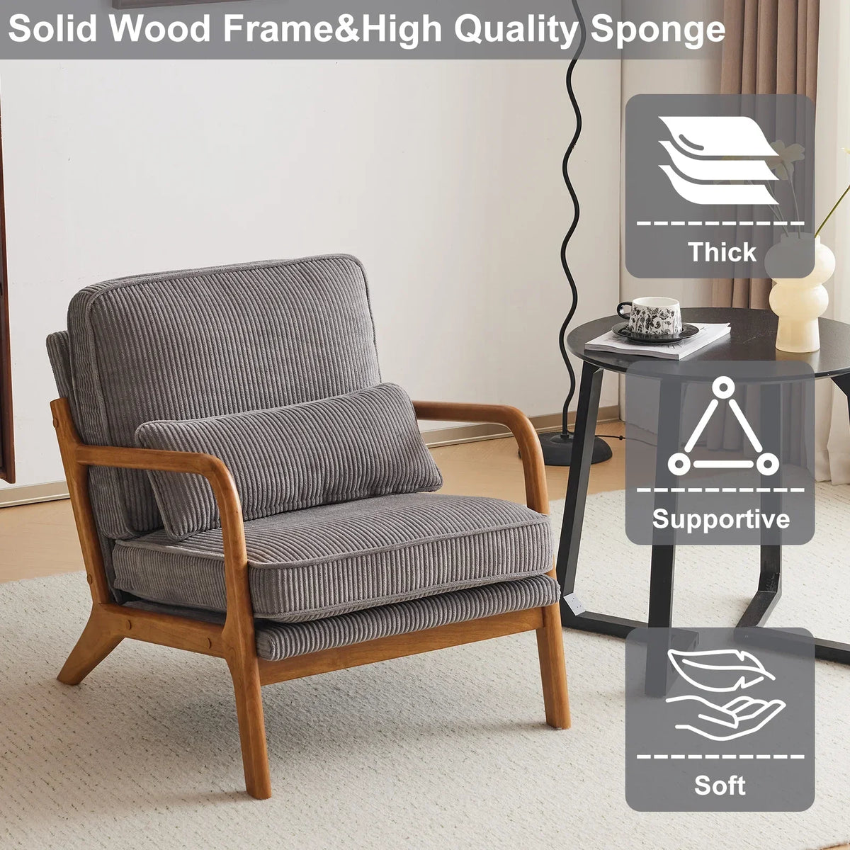 2026 NewKtaxon Accent Chair Corduroy Upholstered Armchair, Reading Club Chair with Pillow and Solid Wood Frame for Living Room Bedroom Furniture Off White