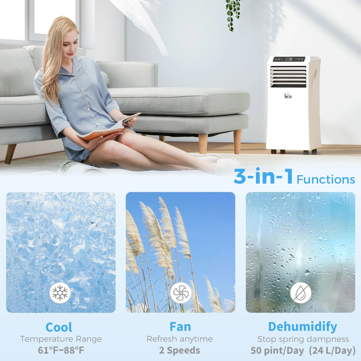 2026 NewHOMCOM 8000 BTU Mobile Portable Air Conditioner with Cooling, Dehumidifier, and Ventilating with Remote Control, 2 Speed Fans, 24-Hour Timer for Bedroom, Living Room, Home Office, White