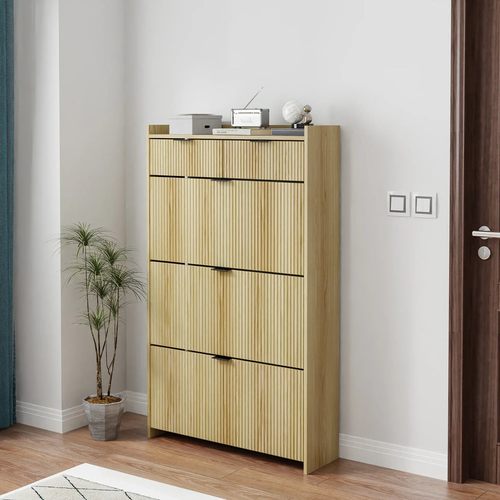 2026 NewShoe Cabinet, Free Standing Tipping Bucket Shoe Rack Organizer with 3 Flip Drawers, Modern Entryway Narrow Shoe Rack with 2 Drawers & Top Storage, for Hallway Bedroom, Walnut