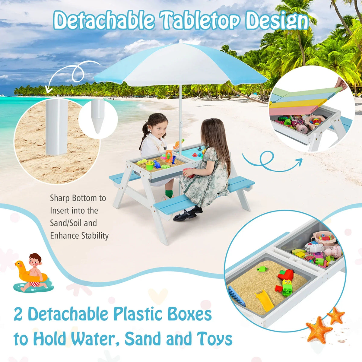 2026 NewCostway 3-in-1 Kids Picnic Table Wooden Outdoor Sand & Water Table with Umbrella Play Boxes Green
