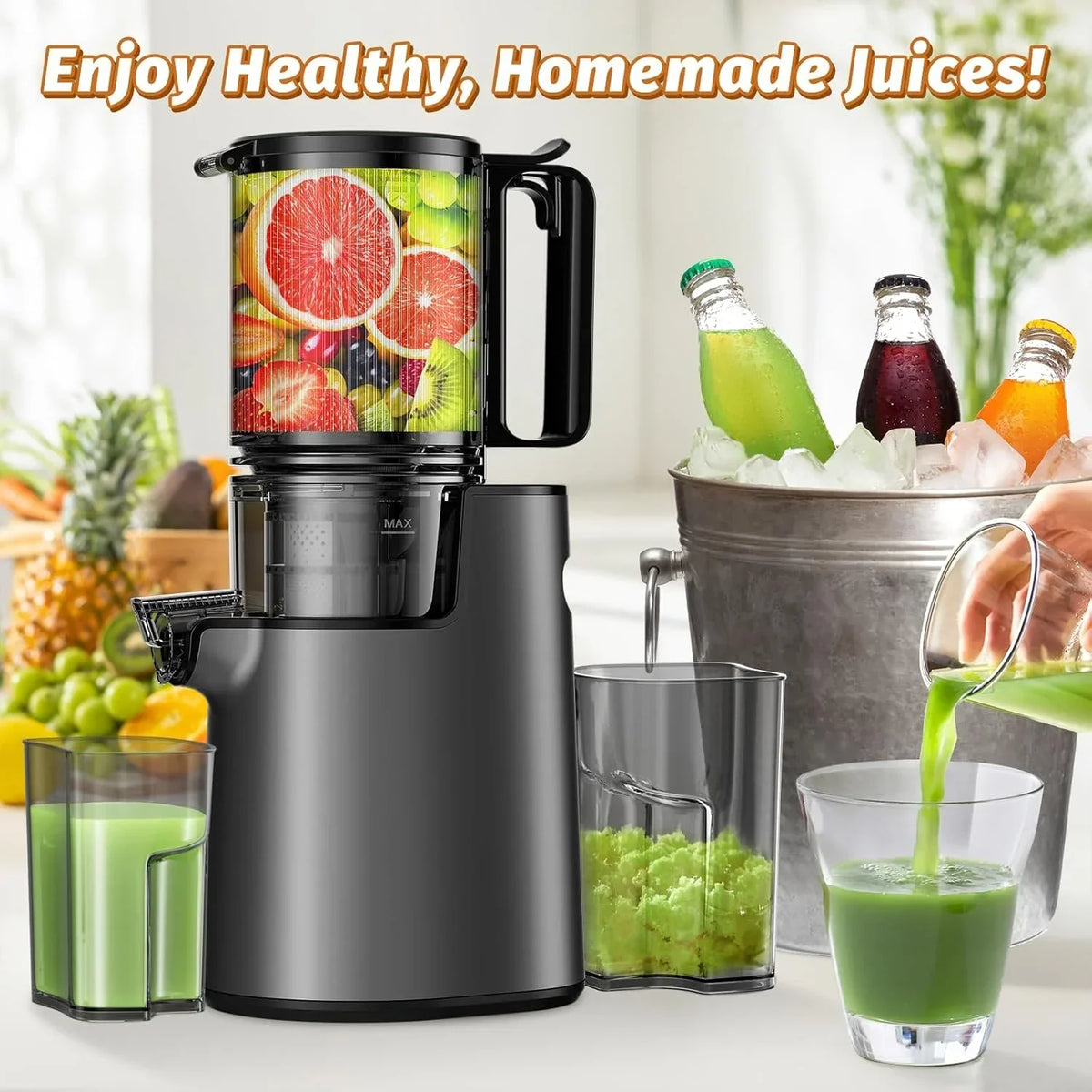 2026 NewYPONE Cold Press Juicer, Masticating Juicer with 5.4" Wide Feed Chute, 350w Slow Juicer Machines Fit Whole Vegetables and Fruits,Juice Extractor Machine with High Juice Yield, Easy to Clean(Black)