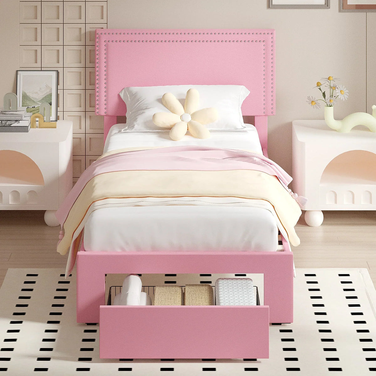 2026 NewVECELO Full Bed Frame with 4 Storage Drawers (Wheeled) and Tufted Upholstered Adjustable Headboard Platform Bed, Beige