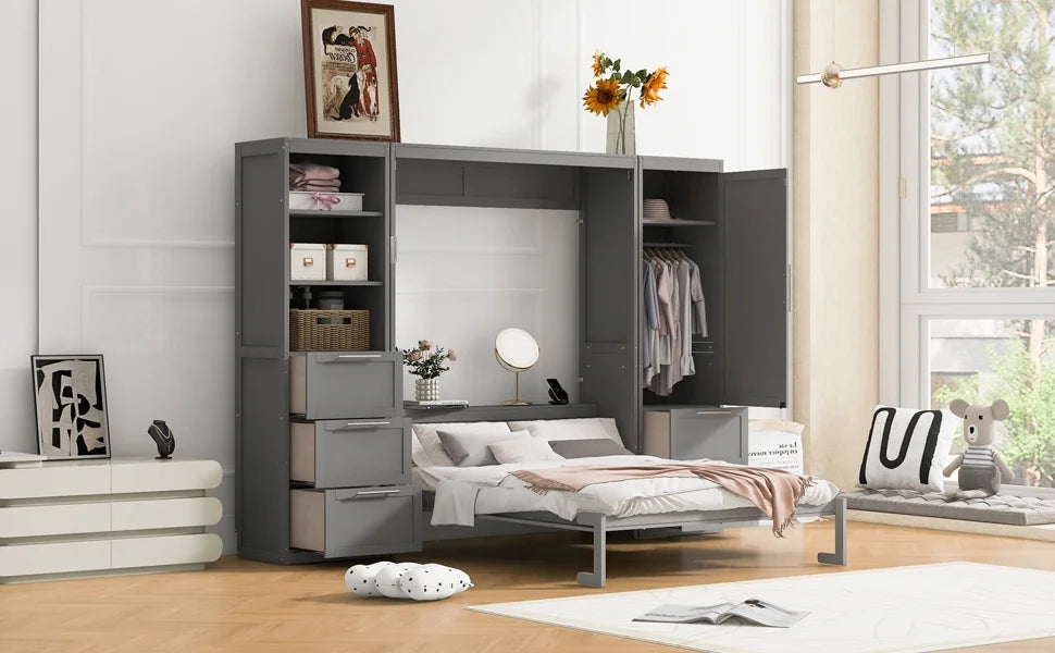 2026 NewNewest Queen Size Murphy Bed Wall Bed with Closet,Drawers, Shelves,Gray
