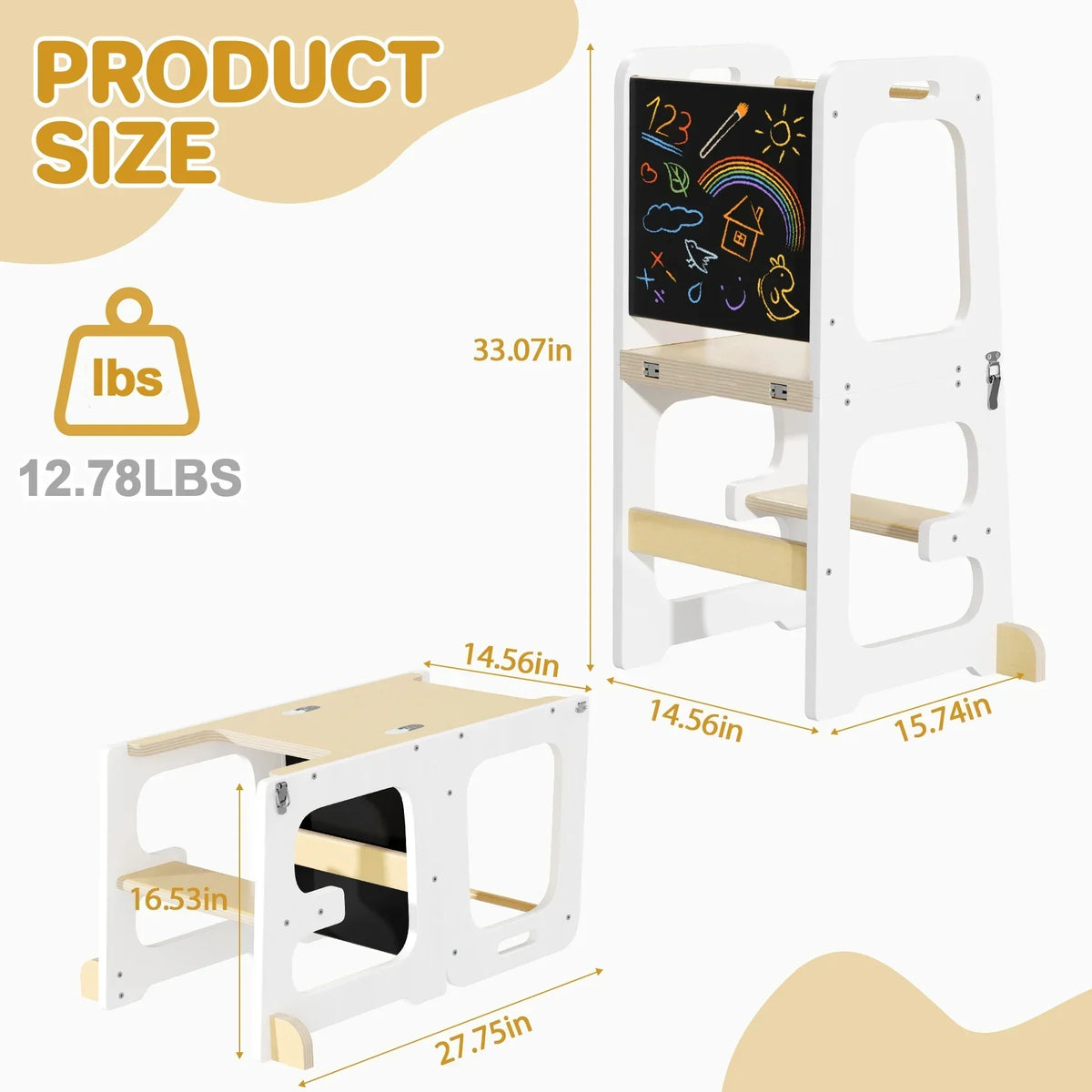 2026 NewJOZ Kitchen Toddlers Step Stool, Montessori Kids Learning Stool, Foldable Toddler Tower for Counter, Standing Helper for Children, 3 Adjustable Heights, Wooden, White