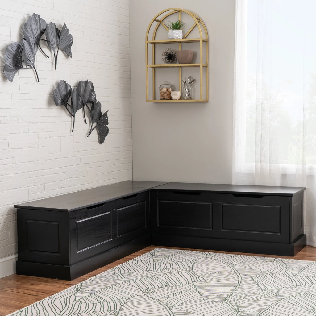 2026 NewLinon Nook Bench Collection L-Shaped Wood Farmhouse Breakfast Bench with Hidden Storage, White