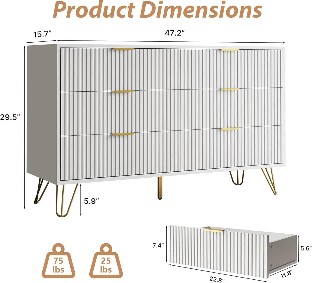 2026 NewFURNIWAY White 6 Drawer Dresser for Bedroom, Modern Dresser with Gold Metal Handles,Fluted Wood TV Stand for Living Room, Hallway