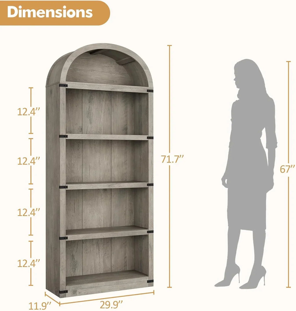 2026 NewBookcase 5 Shelf Arched Bookshelf 71.65in Tall Bookcase Farmhouse Display Storage Rack Wooden Bookshelves for Home Office, Living Room(white)