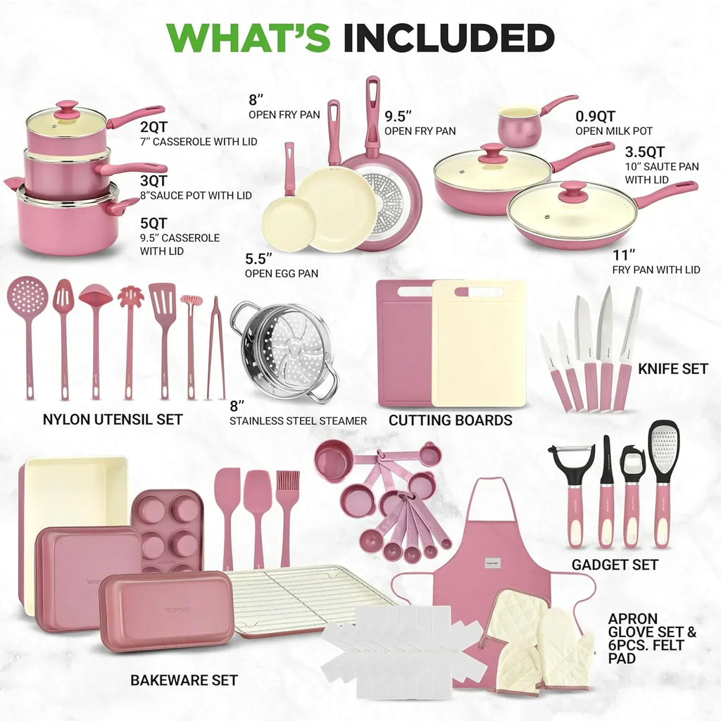 2026 New54-Piece Kitchen Cookware Set �C Complete Non-Stick Ceramic Pots and Pans Set with Utensils, Bakeware, and Knife Set, Gas, Electric & Induction Compatible, Blush Pink Kitchen Essentials