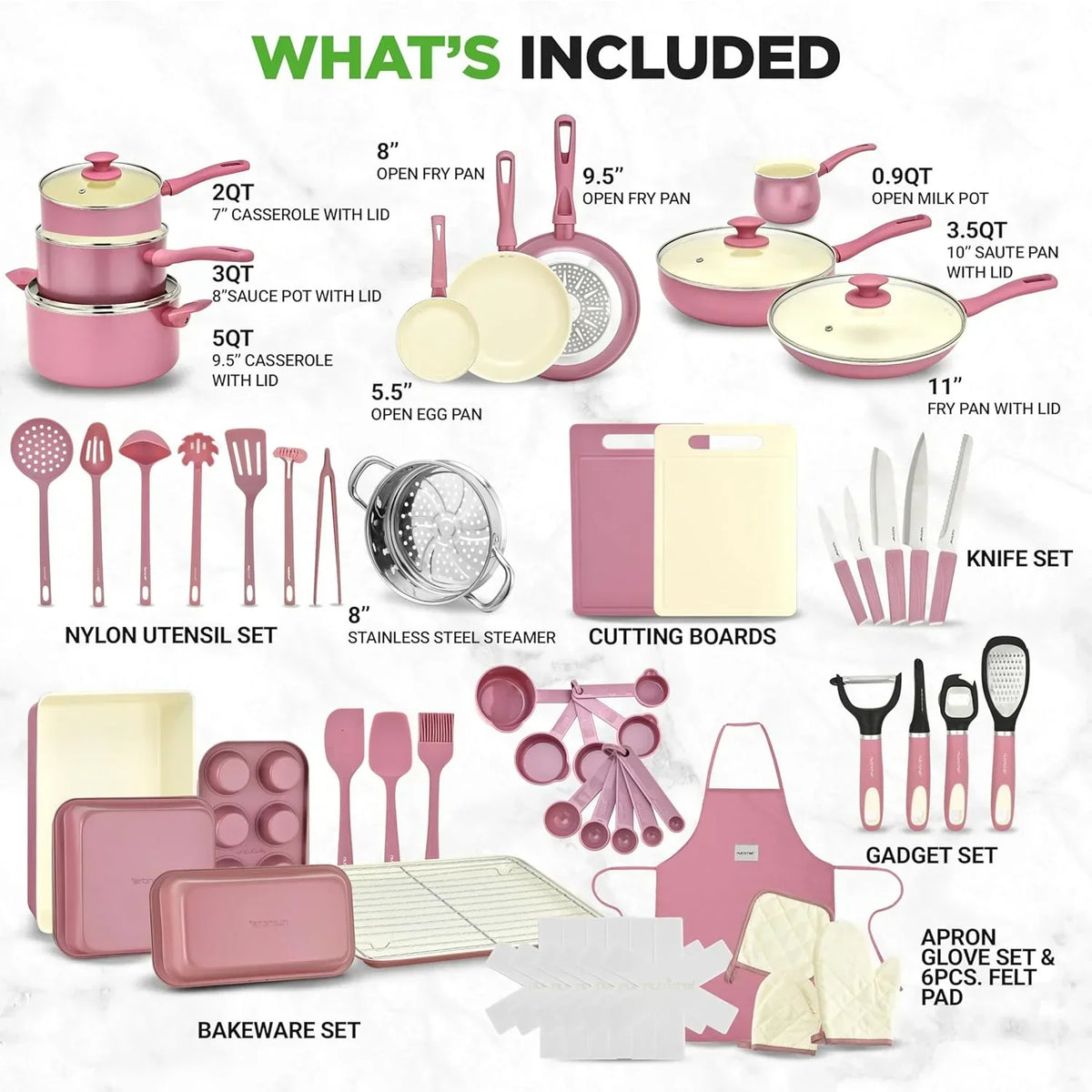 2026 New54-Piece Kitchen Cookware Set �C Complete Non-Stick Ceramic Pots and Pans Set with Utensils, Bakeware, and Knife Set, Gas, Electric & Induction Compatible, Blush Pink Kitchen Essentials