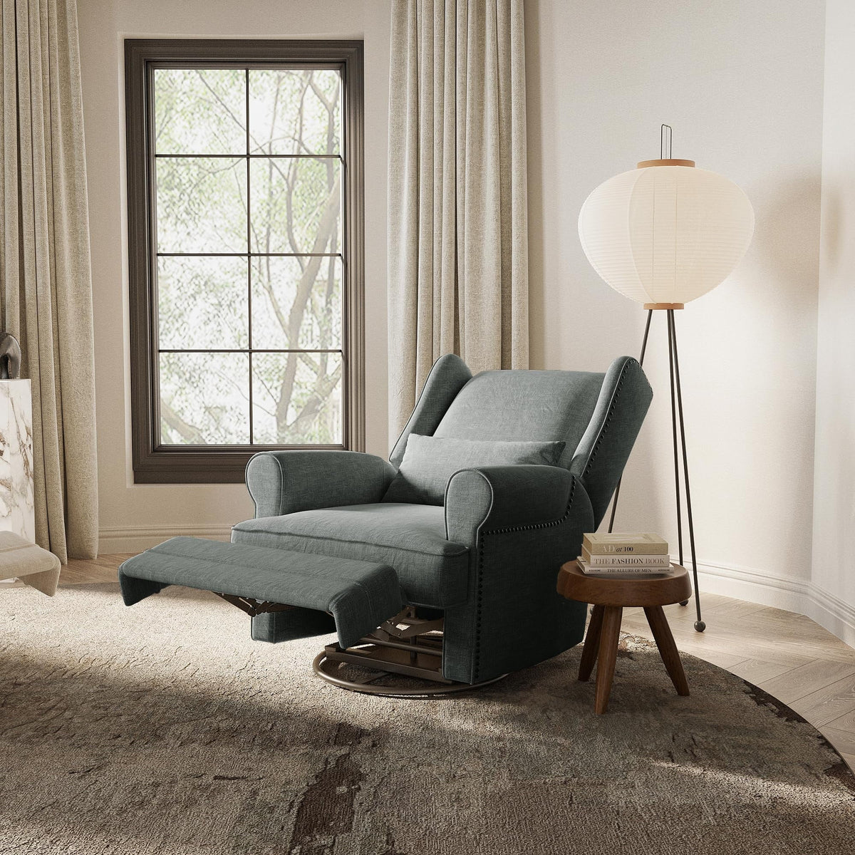 2026 NewRoyalcraft Swivel Nursery Glider Recliner, Comfy Upholstered Glider Chair with Lumbar Pillow and Footrest, Beige